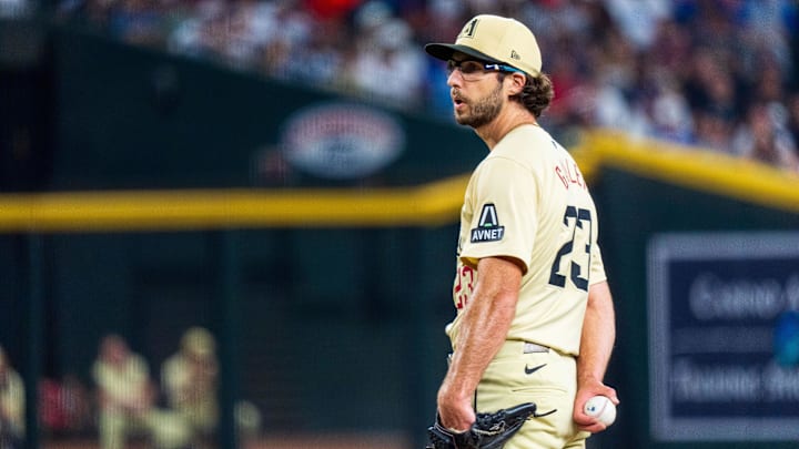 Aug 30, 2024; Phoenix, Arizona, USA; Arizona Diamondbacks pitcher Zac Gallen (23) on the mound in the second inning against the Los Angeles Dodgers at Chase Field. Mandatory Credit: Allan Henry-Imagn Images  