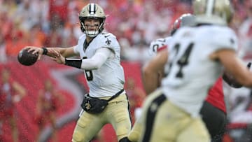 Dec 7, 2025; Tampa, Florida, USA; New Orleans Saints quarterback Tyler Shough (6) throws downfield during the second quarter against the Tampa Bay Buccaneers at Raymond James Stadium. Mandatory Credit: Nathan Ray Seebeck-Imagn Images