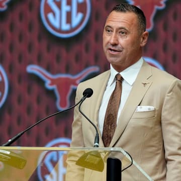 Texas coach Steve Sarkisian speaks during SEC Media Days at the College Football Hall of Fame in Atlanta.