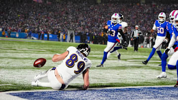 Jan 19, 2025; Orchard Park, New York, USA; Baltimore Ravens tight end Mark Andrews (89) drops a pass on a two-point conversion late in the fourth quarter against the Buffalo Bills in a 2025 AFC divisional round game at Highmark Stadium. Mandatory Credit: Gregory Fisher-Imagn Images