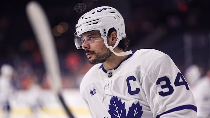 Jan 8, 2026; Philadelphia, Pennsylvania, USA; Toronto Maple Leafs center Auston Matthews (34) before a game against the Philadelphia Flyers at Xfinity Mobile Arena. Mandatory Credit: Bill Streicher-Imagn Images