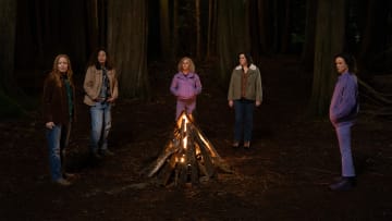 (L-R): Lauren Ambrose as Van, Tawny Cypress as Taissa, Christina Ricci as Misty, Melanie Lynskey as Shauna and Juliette Lewis as Natalie in YELLOWJACKETS, "Storytelling". Photo Credit: Colin Bentley/SHOWTIME.