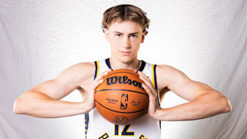 Sep 30, 2024; Indianapolis, IN, USA;  Indiana Pacers forward Johnny Furphy (12) poses for a photo during 2024 Media day.  Mandatory Credit: Trevor Ruszkowski-Imagn Images