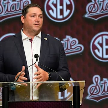 Mississippi State head coach Jeff Lebby speaks in the Main Media Room during SEC Media Days at the College Football Hall of Fame in Atlanta.
