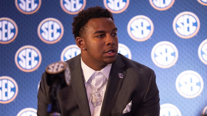 Jul 18, 2024; Dallas, TX, USA; Kentucky defensive lineman Deone Walker speaks to the media at Omni Dallas Hotel. Mandatory Credit: Brett Patzke-USA TODAY Sports