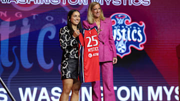Georgia Amoore poses with WNBA commissioner Cathy Engelbert after being selected with the number six overall pick to the Washington Mystics in the 2025 WNBA Draft at The Shed at Hudson Yards. 