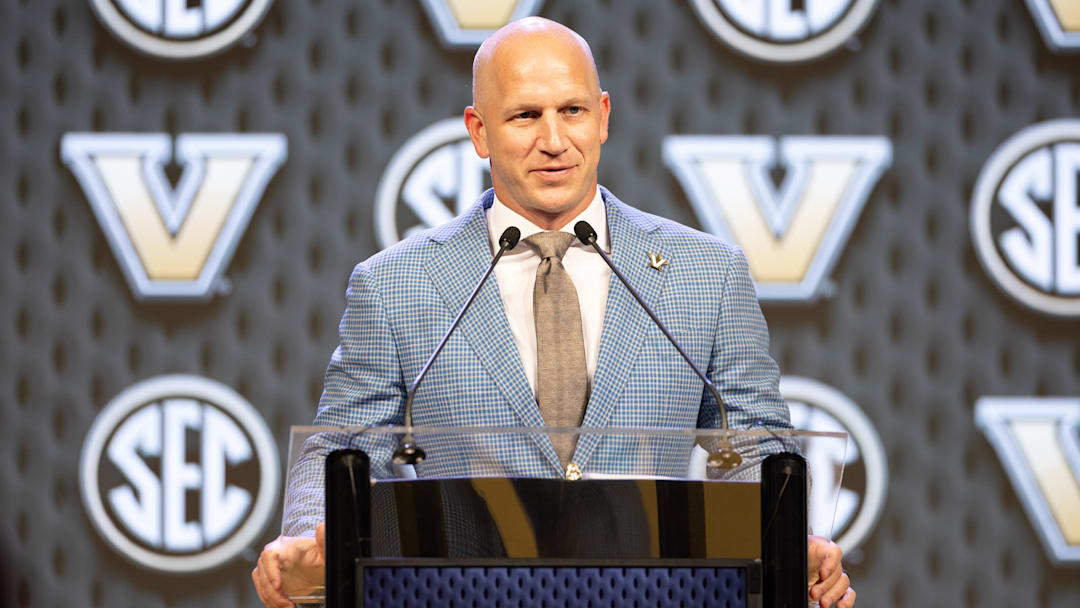 Vanderbilt head coach Clark Lea speaking at Omni Dallas Hotel.