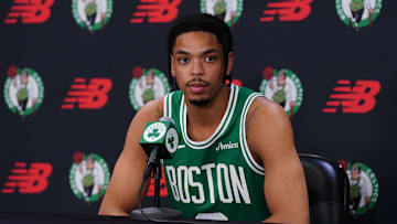 Sep 29, 2025; Boston, MA, USA; Boston Celtics forward Josh Minott (8) talks with reporters during media day at the Auerbach Center. Mandatory Credit: David Butler II-Imagn Images