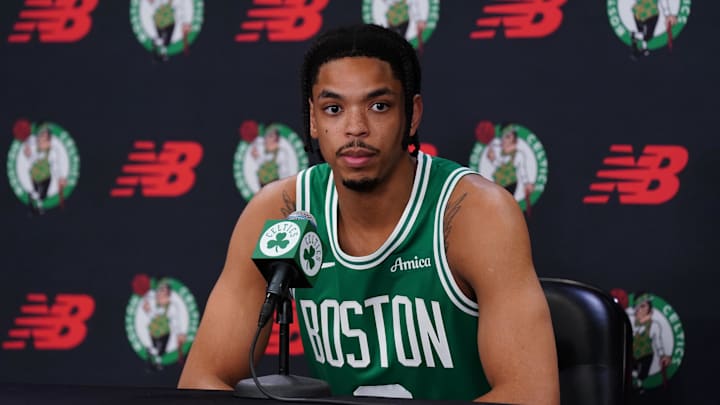 Sep 29, 2025; Boston, MA, USA; Boston Celtics forward Josh Minott (8) talks with reporters during media day at the Auerbach Center. Mandatory Credit: David Butler II-Imagn Images