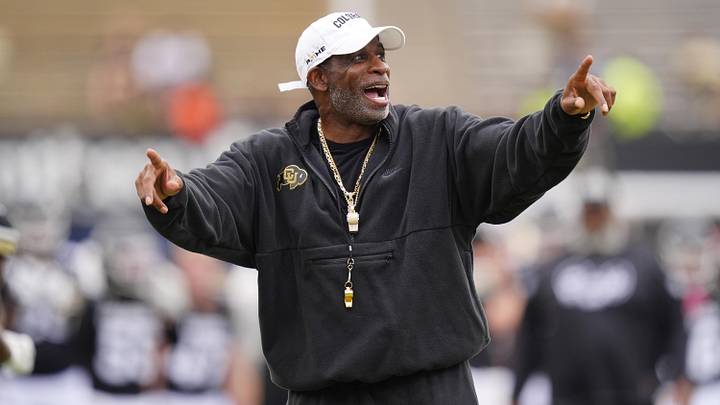 Oct 11, 2025; Boulder, Colorado, USA; Colorado Buffaloes head coach Deion Sanders before the game against the Iowa State Cyclones at Folsom Field. Mandatory Credit: Ron Chenoy-Imagn Images