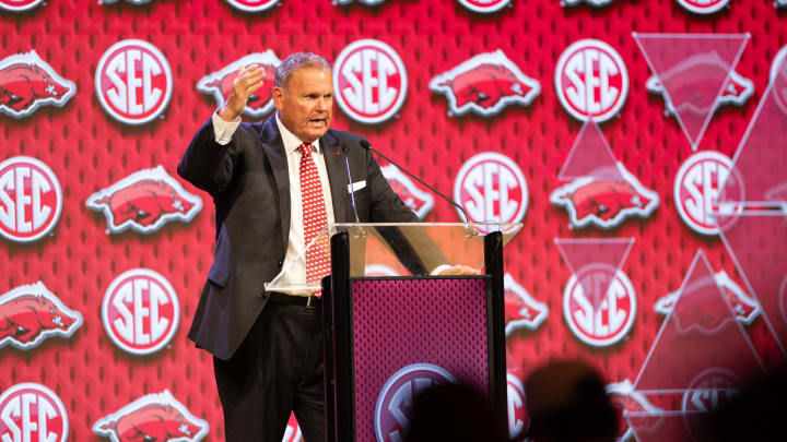 Jul 18, 2024; Dallas, TX, USA; Arkansas head coach Sam Pittman speaking at Omni Dallas Hotel. Mandatory Credit: Brett Patzke-USA TODAY Sports