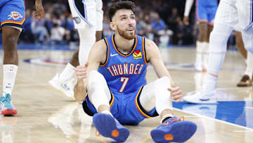 Nov 4, 2024; Oklahoma City, Oklahoma, USA; Oklahoma City Thunder forward Chet Holmgren (7) sits on the floor after a play against the Orlando Magic during the second half at Paycom Center. Mandatory Credit: Alonzo Adams-Imagn Images