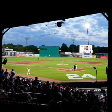 Jun 20, 2024; Fairfield, Alabama, USA; Players for the St. Louis Cardinals and San Francisco Giants play during the fifth inning in the MLB at Rickwood Field tribute game to the Negro Leagues. Rickwood Field is the oldest baseball stadium in America.