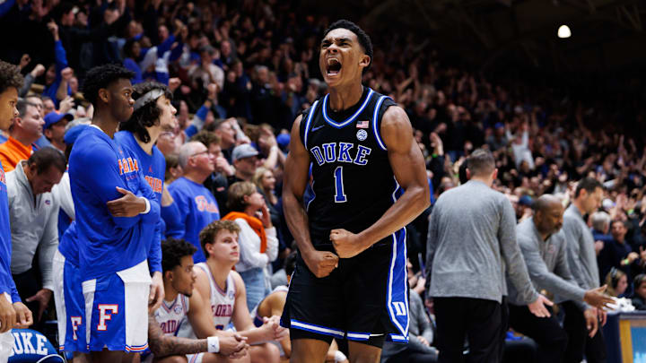 Duke Blue Devils guard Caleb Foster (1) reacts after a turnover against the Florida Gators during the second half at Cameron Indoor Stadium in Durham, NC, on Tuesday, December 2, 2025.