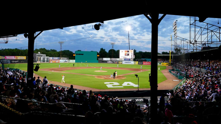Jun 20, 2024; Fairfield, Alabama, USA; Players for the St. Louis Cardinals and San Francisco Giants play during the fifth inning in the MLB at Rickwood Field tribute game to the Negro Leagues. Rickwood Field is the oldest baseball stadium in America.