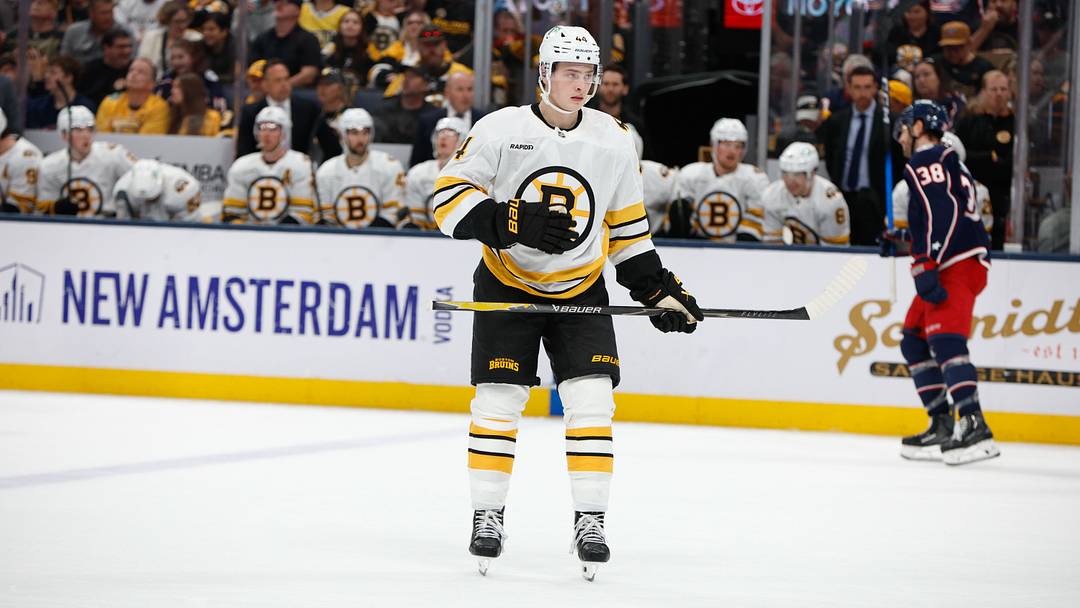 Apr 12, 2026; Columbus, Ohio, USA; Boston Bruins center James Hagens (44) against the Columbus Blue Jackets during the second period at Nationwide Arena. Mandatory Credit: Russell LaBounty-Imagn Images Apr 12, 2026; Columbus, Ohio, USA; Boston Bruins center James Hagens (44) against the Columbus Blue Jackets during the second period at Nationwide Arena. Mandatory Credit: Russell LaBounty-Imagn Images