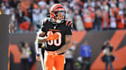 Oct 26, 2025; Cincinnati, Ohio, USA; Cincinnati Bengals running back Chase Brown (30) celebrates scoring a touchdown during the second quarter against the New York Jets at Paycor Stadium. Mandatory Credit: Joseph Maiorana-Imagn Images