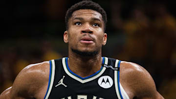 Apr 29, 2025; Indianapolis, Indiana, USA; Milwaukee Bucks forward Giannis Antetokounmpo (34) during game five of the first round for the 2024 NBA Playoffs against the Indiana Pacers at Gainbridge Fieldhouse. Mandatory Credit: Trevor Ruszkowski-Imagn Images