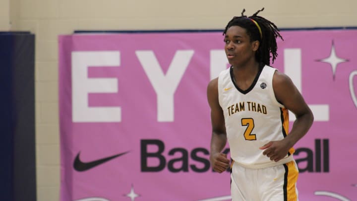 Jasper Johnson (2) stands on the court during an AAU basketball game July 5, 2023, at the Nike EYBL Peach Jam in North Augusta, S.C. A Woodford County native, Johnson holds scholarship offers to play at Louisville and Kentucky and is considered one of the top guards in the Class of 2025.