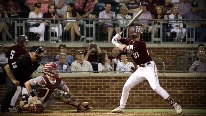 May 17, 2024; College Station, Texas; USA: Texas A&M Aggies senior Ted Burton awaits a pitch in the sixth inning.