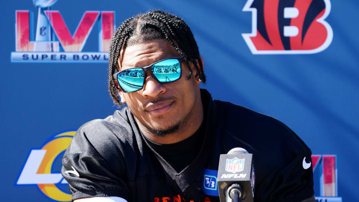 Cincinnati Bengals wide receiver Ja'Marr Chase (1) answers questions from the press during in-person availability, Friday, Feb. 11, 2022, at Drake Stadium on the UCLA campus in Los Angeles. The Cincinnati Bengals are set to face off against the Los Angeles Rams in Super Bowl 56.