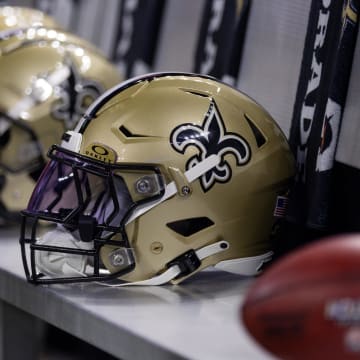 Detailed view of New Orleans Saints helmets