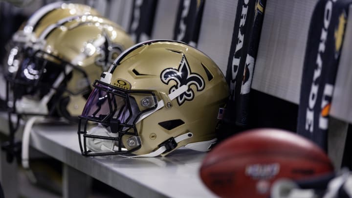 Detailed view of New Orleans Saints helmets