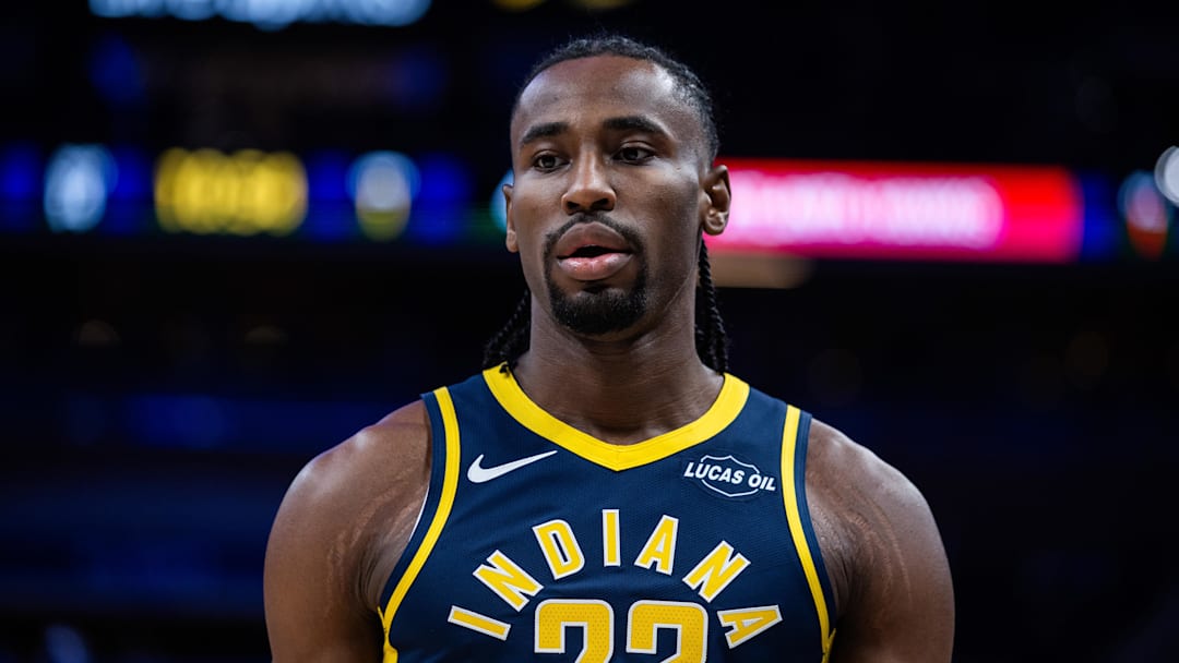 Jan 31, 2026; Indianapolis, Indiana, USA; Indiana Pacers guard/forward Aaron Nesmith (23) in the first half against the Atlanta Hawks at Gainbridge Fieldhouse. Mandatory Credit: Trevor Ruszkowski-Imagn Images