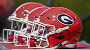 Apr 12, 2025; Athens, GA, USA; Georgia Bulldogs helmets on the bench during the Georgia Spring game at Sanford Stadium. Mandatory Credit: Dale Zanine-Imagn Images
