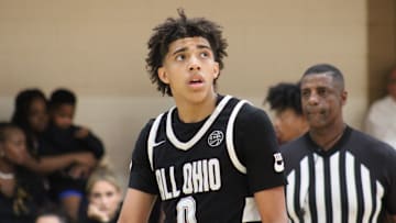 Taylen Kinney (0) stands on the court during an AAU basketball game July 4, 2023, at the Nike EYBL Peach Jam in North Augusta, S.C. A Newport native, Kinney is a Class of 2026 recruit and holds a scholarship offer to play at Louisville.