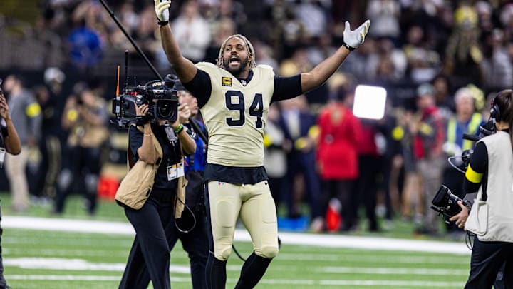 Dec 21, 2025; New Orleans, Louisiana, USA;  New Orleans Saints defensive end Cameron Jordan (94) during the run outs before the game against the New York Jets at Caesars Superdome. Mandatory Credit: Stephen Lew-Imagn Images