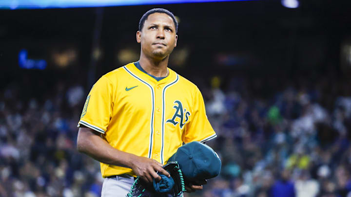 Mar 27, 2025; Seattle, Washington, USA; Athletics relief pitcher Jose Leclerc (37) walks to the dugout after surrendering a two-run home run against the Seattle Mariners immediately before an eighth inning pitching change at T-Mobile Park. Mar 27, 2025; Seattle, Washington, USA; Athletics relief pitcher Jose Leclerc (37) walks to the dugout after surrendering a two-run home run against the Seattle Mariners immediately before an eighth inning pitching change at T-Mobile Park.