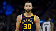 Nov 25, 2024; San Francisco, California, USA; Golden State Warriors guard Stephen Curry (30) nearing the end of the second half of the game against the Brooklyn Nets at Chase Center. Mandatory Credit: John Hefti-Imagn Images