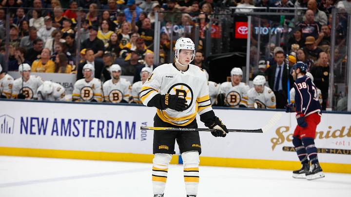Apr 12, 2026; Columbus, Ohio, USA; Boston Bruins center James Hagens (44) against the Columbus Blue Jackets during the second period at Nationwide Arena. Mandatory Credit: Russell LaBounty-Imagn Images Apr 12, 2026; Columbus, Ohio, USA; Boston Bruins center James Hagens (44) against the Columbus Blue Jackets during the second period at Nationwide Arena. Mandatory Credit: Russell LaBounty-Imagn Images