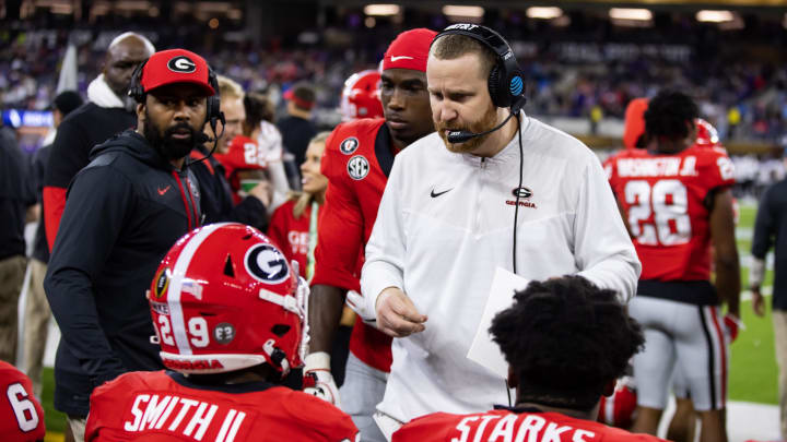 Jan 9, 2023; Inglewood, CA, USA; Georgia Bulldogs co-defensive coordinator and linebackers coach Glenn Schumann against the TCU Horned Frogs during the CFP national championship game at SoFi Stadium. Mandatory Credit: Mark J. Rebilas-USA TODAY Sports