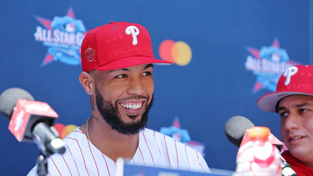 Jul 13, 2026; Philadelphia, PA, USA; Philadelphia Phillies pitcher Cristopher Sánchez (61) speaks at the conference before the Home Run Derby at Citizens Bank Park. Mandatory Credit: Brad Penner-Imagn Images