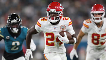 Oct 6, 2025; Jacksonville, Florida, USA; Kansas City Chiefs running back Brashard Smith (24) runs during the second half against the Jacksonville Jaguars at EverBank Stadium. Mandatory Credit: Morgan Tencza-Imagn Images