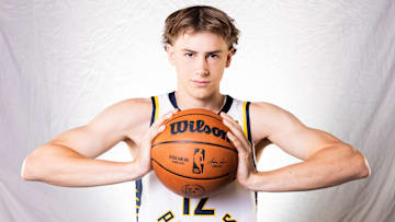 Sep 30, 2024; Indianapolis, IN, USA;  Indiana Pacers forward Johnny Furphy (12) poses for a photo during 2024 Media day.  Mandatory Credit: Trevor Ruszkowski-Imagn Images