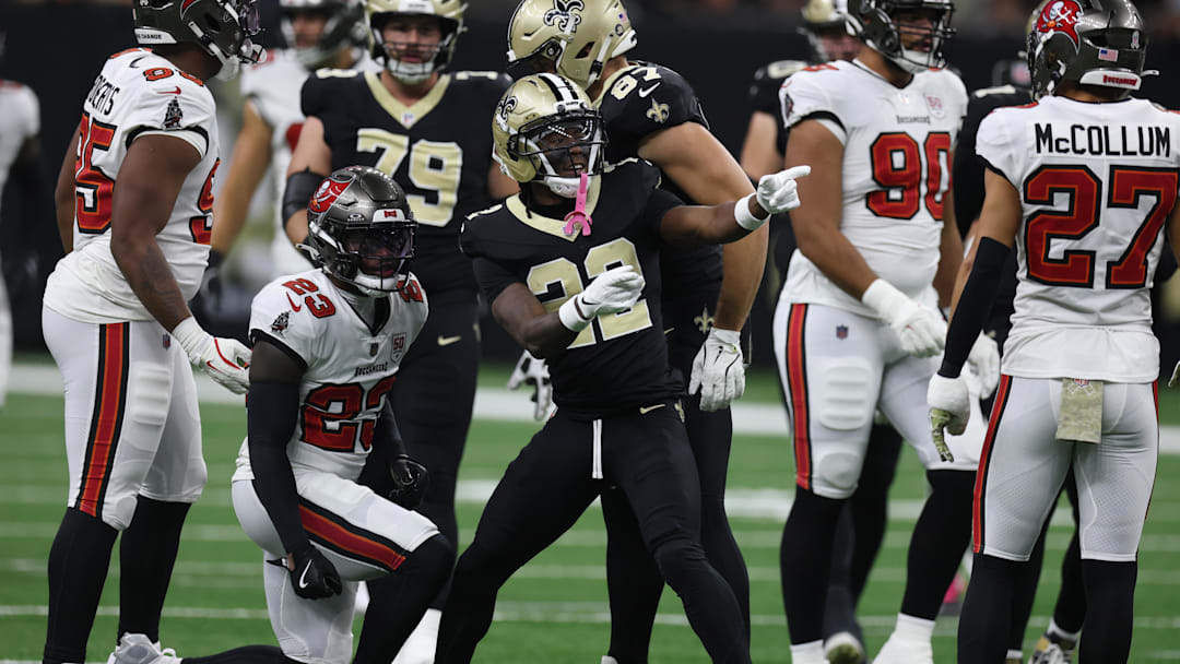 Oct 26, 2025; New Orleans, Louisiana, USA; New Orleans Saints wide receiver Rashid Shaheed (22) reacts after a gain during the first quarter against the Tampa Bay Buccaneers at Caesars Superdome. Mandatory Credit: Stephen Lew-Imagn Images