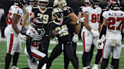 Oct 26, 2025; New Orleans, Louisiana, USA; New Orleans Saints wide receiver Rashid Shaheed (22) reacts after a gain during the first quarter against the Tampa Bay Buccaneers at Caesars Superdome. Mandatory Credit: Stephen Lew-Imagn Images