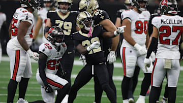 Oct 26, 2025; New Orleans, Louisiana, USA; New Orleans Saints wide receiver Rashid Shaheed (22) reacts after a gain during the first quarter against the Tampa Bay Buccaneers at Caesars Superdome. Mandatory Credit: Stephen Lew-Imagn Images