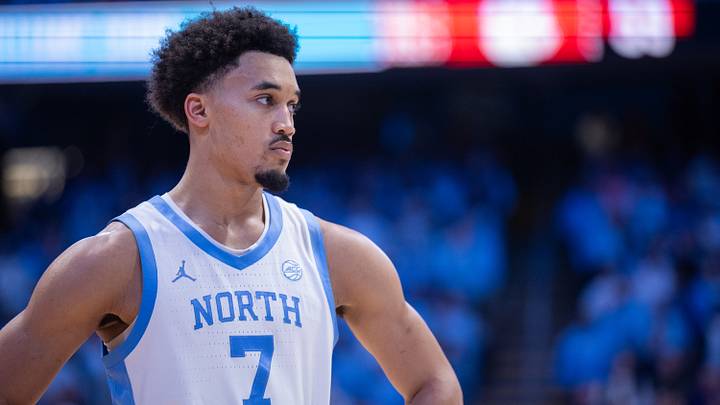 Mar 3, 2026; Chapel Hill, North Carolina, USA; North Carolina Tar Heels guard Seth Trimble (7) looks on during the second half against the Clemson Tigers at Dean E. Smith Center. Mandatory Credit: Scott Kinser-Imagn Images