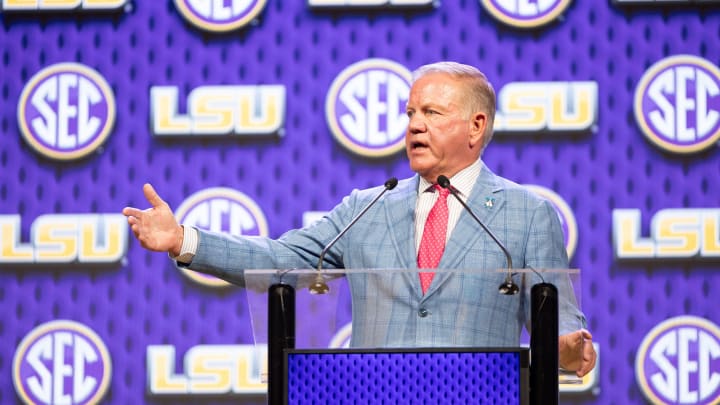 Jul 15, 2024; Dallas, TX, USA; LSU head coach Brian Kelly speaking at Omni Dallas Hotel.