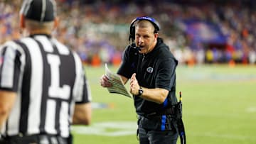 Sep 6, 2025; Gainesville, Florida, USA; Florida Gators head coach Billy Napier calls a timeout against the Florida Gators during the second half at Ben Hill Griffin Stadium. Mandatory Credit: Matt Pendleton-Imagn Images