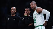 May 5, 2025; Boston, Massachusetts, USA; Boston Celtics head coach Joe Mazzulla talks with center Al Horford (42) from the sideline as they take on the New York Knicks during game one of the second round for the 2025 NBA Playoffs at TD Garden. Mandatory Credit: David Butler II-Imagn Images