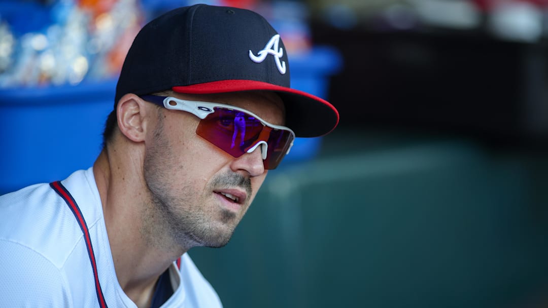 Former Atlanta Braves right fielder Adam Duvall (14) in the dugout before a game against the Milwaukee Brewers at Truist Park.