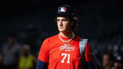 Jun 18, 2024; Phoenix, AZ, USA; Worcester Academy pitcher Mavrick Rizy during the MLB Draft Combine at Chase Field. 