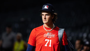 Jun 18, 2024; Phoenix, AZ, USA; Worcester Academy pitcher Mavrick Rizy during the MLB Draft Combine at Chase Field. 