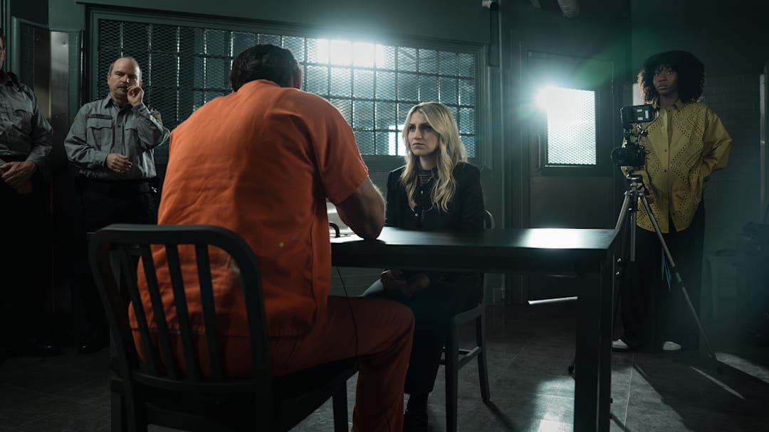 L-R Dennis Quaid as Keith Jesperson, Annaleigh Ashford as Melissa Reed and Tamera Tomakili as Ivy Campbell in Happy Face, episode 1, season 1, streaming on Paramount+. Photo credit: Katie Yu/Paramount+