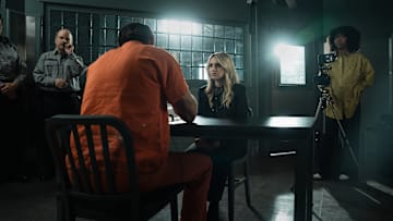 L-R Dennis Quaid as Keith Jesperson, Annaleigh Ashford as Melissa Reed and Tamera Tomakili as Ivy Campbell in Happy Face, episode 1, season 1, streaming on Paramount+. Photo credit: Katie Yu/Paramount+